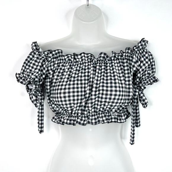 Prettylittlething Black & White Gingham Ruffle Crop Top - Picture 1 of 9
